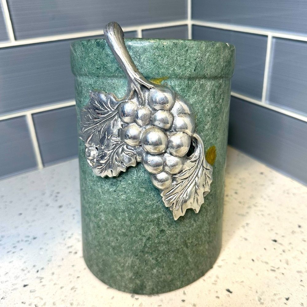 Angled Green Marble Wine Bottle Holder Chiller w Silver Metal Grape Leaf Cluster